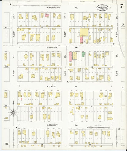 Sanborn Fire Insurance Map from Parsons, Labette County, Kansas (1899), Sheet #0007 - Complete Map Set gallery image, historic Sanborn map, vintage wall art, Kansas Kansas