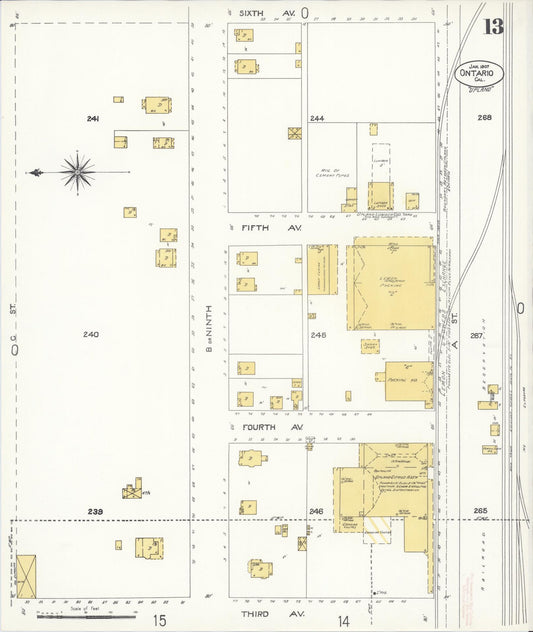 Sanborn Fire Insurance Map from Ontario, San Bernardino County, California (1907), Sheet #0013 - Historic Sanborn Fire Insurance Map Print, vintage old map wall art, antique decor, genealogy gift, California California map