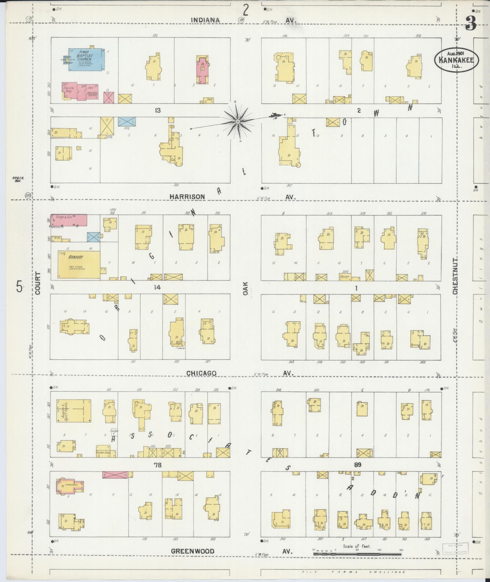 Sanborn Fire Insurance Map from Kankakee, Kankakee County, Illinois (1901), Sheet #0003 - Historic Sanborn Fire Insurance Map Print, vintage old map wall art, antique decor, genealogy gift, Illinois Illinois map