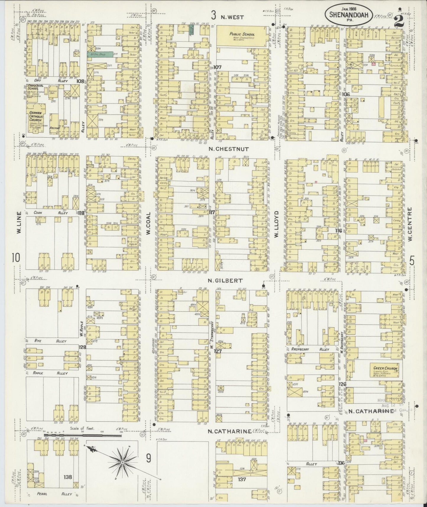 Sanborn Fire Insurance Map from Shenandoah, Schuylkill County, Pennsylvania (1908), Sheet #0002 - Complete Map Set gallery image, historic Sanborn map, vintage wall art, Pennsylvania Pennsylvania