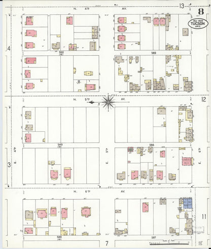 Sanborn Fire Insurance Map from Tucson, Pima County, Arizona (1909), Sheet #0008 - Complete Map Set gallery image, historic Sanborn map, vintage wall art, Arizona Arizona