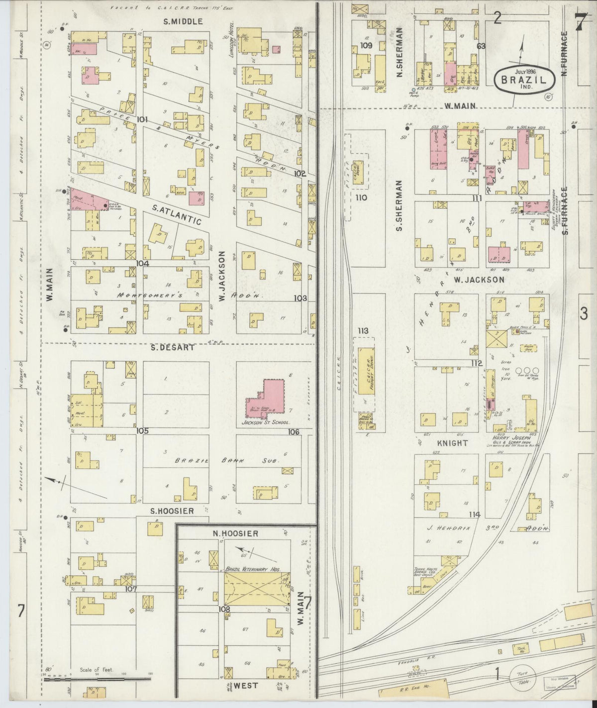 Sanborn Fire Insurance Map from Brazil, Clay County, Indiana (1896), Sheet #0007 - Historic Sanborn Fire Insurance Map Print, vintage old map wall art, antique decor, genealogy gift, Indiana Indiana map