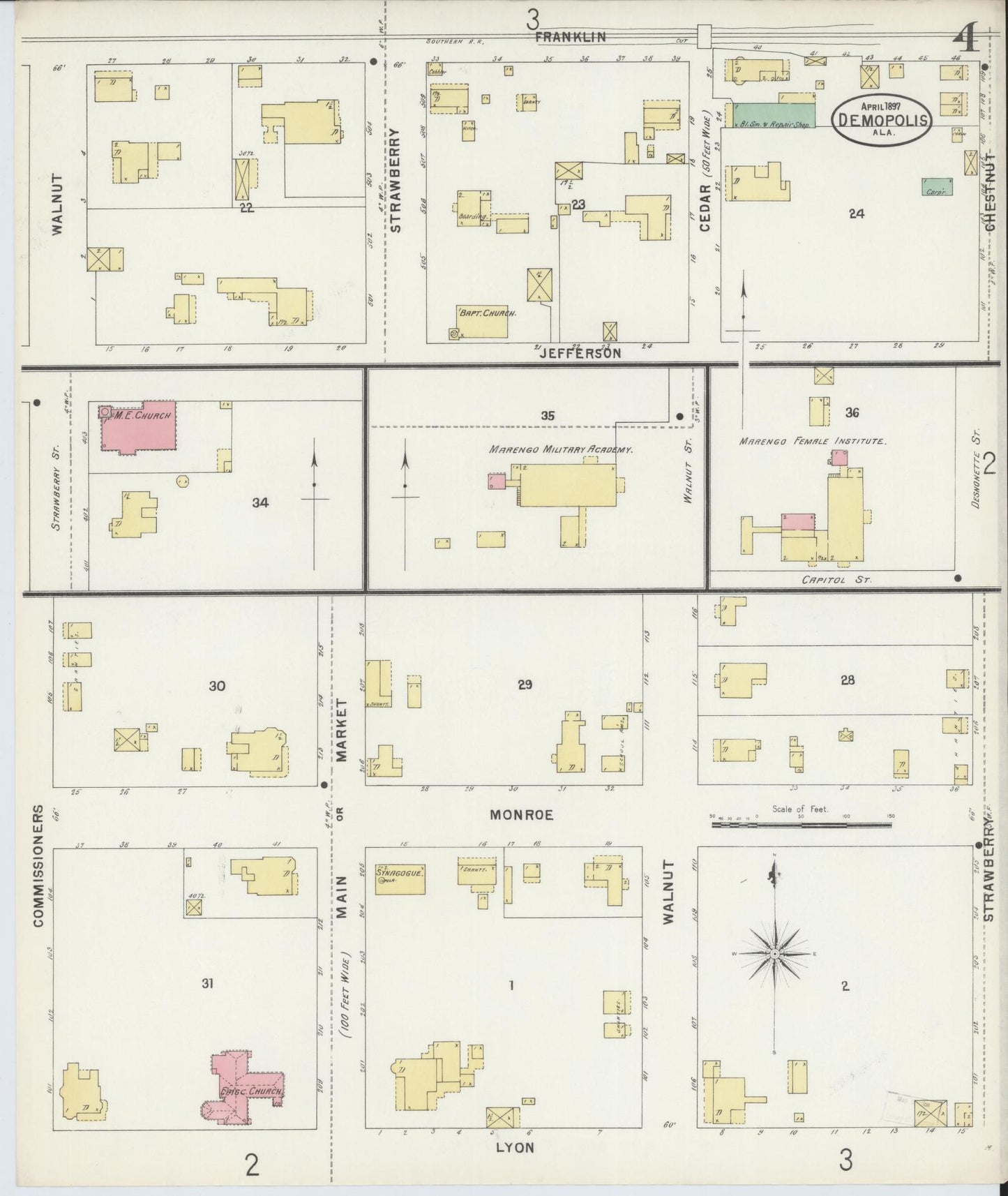 Sanborn Fire Insurance Map from Demopolis, Marengo County, Alabama (1897), Sheet #0004 - Historic Sanborn Fire Insurance Map Print, vintage old map wall art, antique decor, genealogy gift, Alabama Alabama map