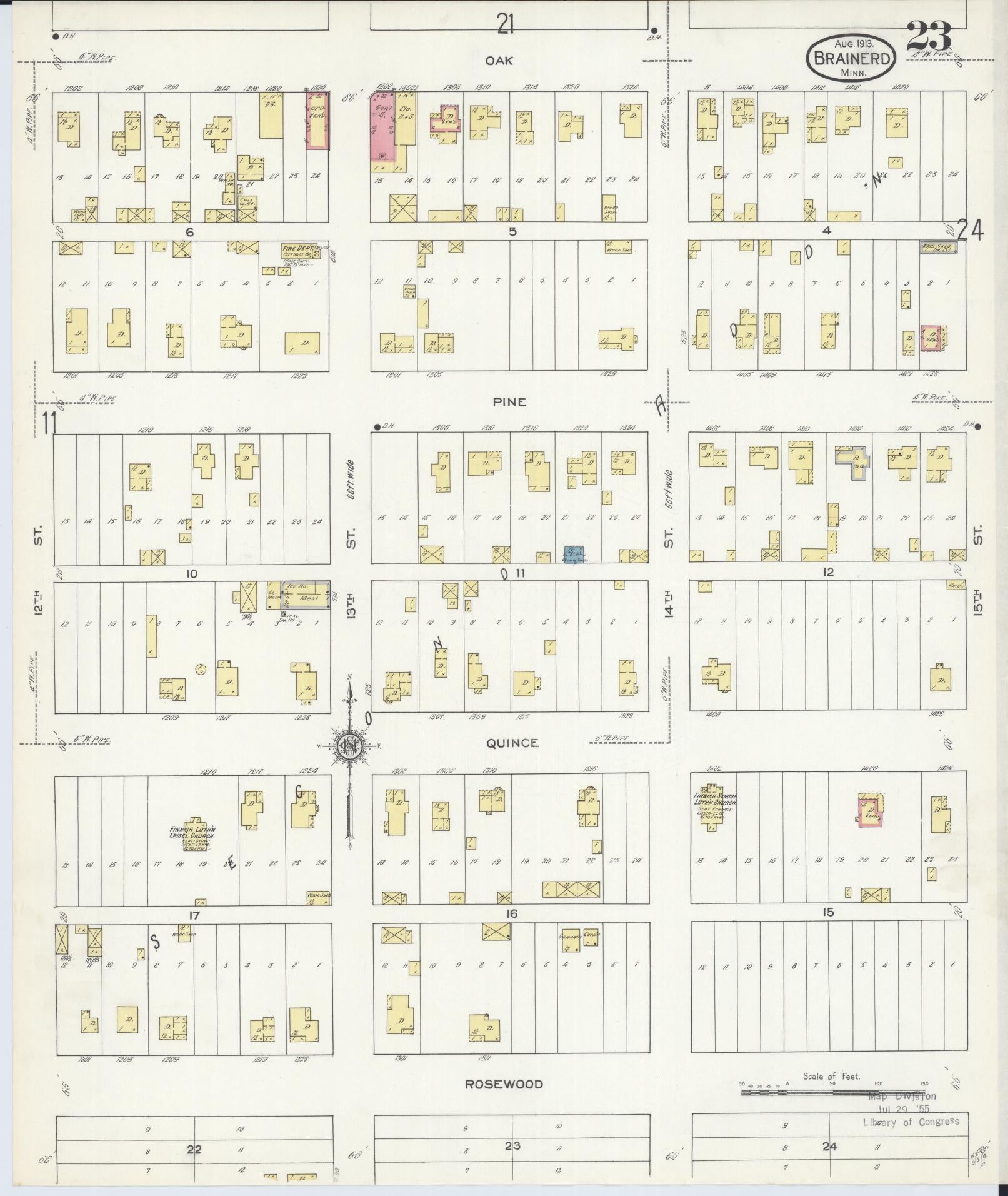 Sanborn Fire Insurance Map from Brainerd, Crow Wing County, Minnesota (1913), Sheet #0023 - Complete Map Set gallery image, historic Sanborn map, vintage wall art, Minnesota Minnesota