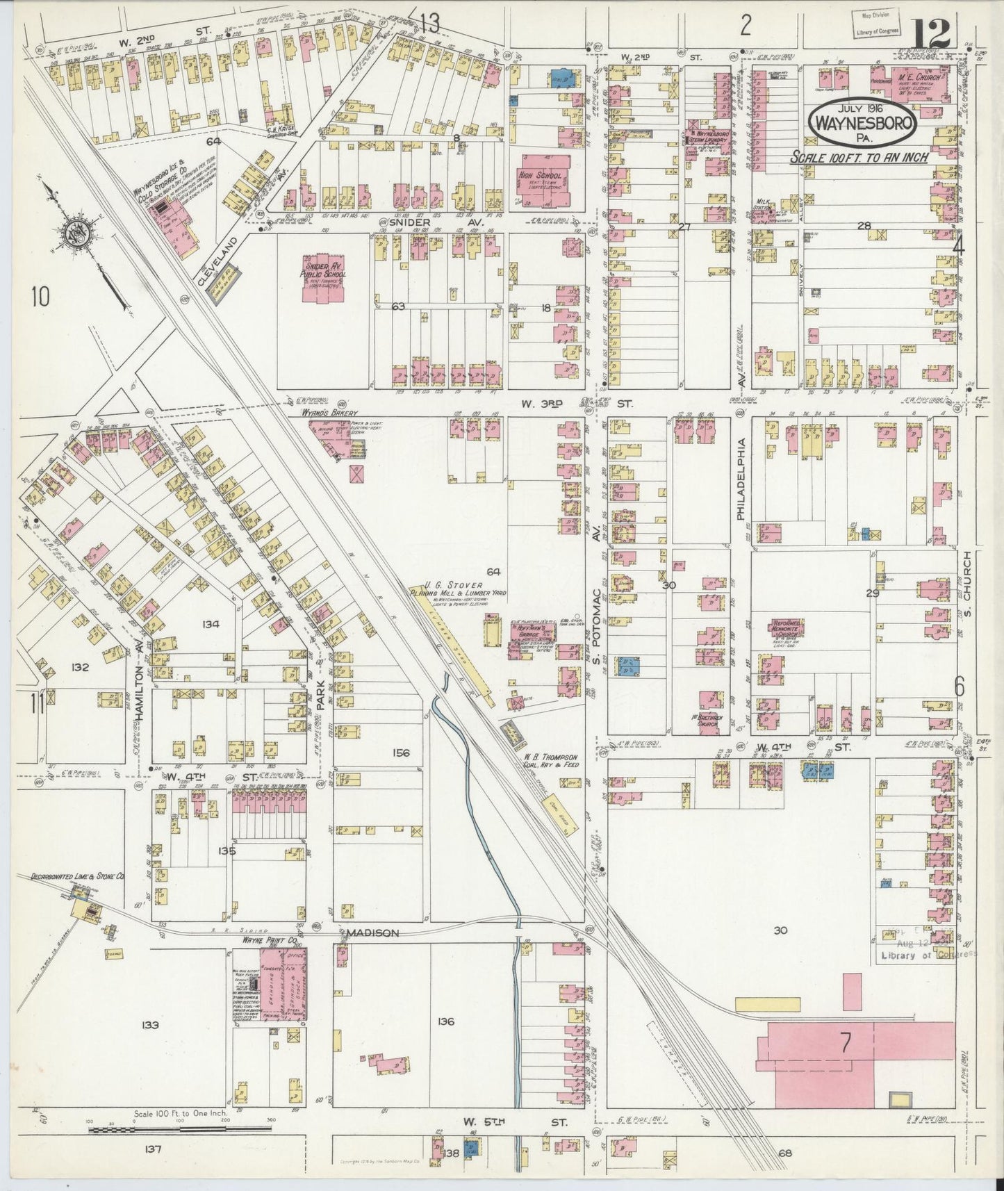 Sanborn Fire Insurance Map from Waynesboro, Franklin County, Pennsylvania (1916), Sheet #0012 - Complete Map Set gallery image, historic Sanborn map, vintage wall art, Pennsylvania Pennsylvania