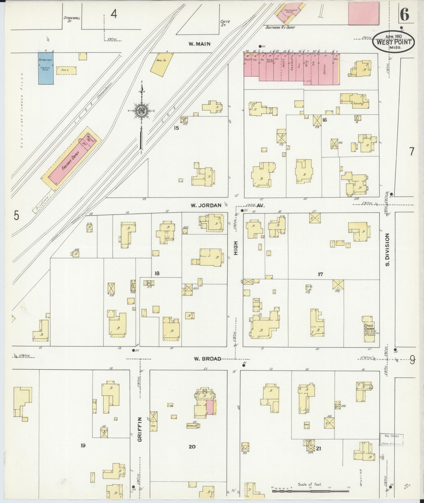 Sanborn Fire Insurance Map from West Point, Clay County, Mississippi (1910), Sheet #0006 - Historic Sanborn Fire Insurance Map Print, vintage old map wall art, antique decor, genealogy gift, Mississippi Mississippi map