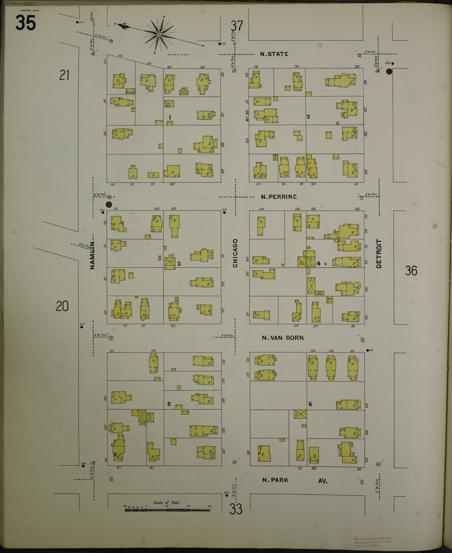 Sanborn Fire Insurance Map from Jackson, Jackson County, Michigan (1907), Sheet #0035 - Complete Map Set gallery image, historic Sanborn map, vintage wall art, Michigan Michigan