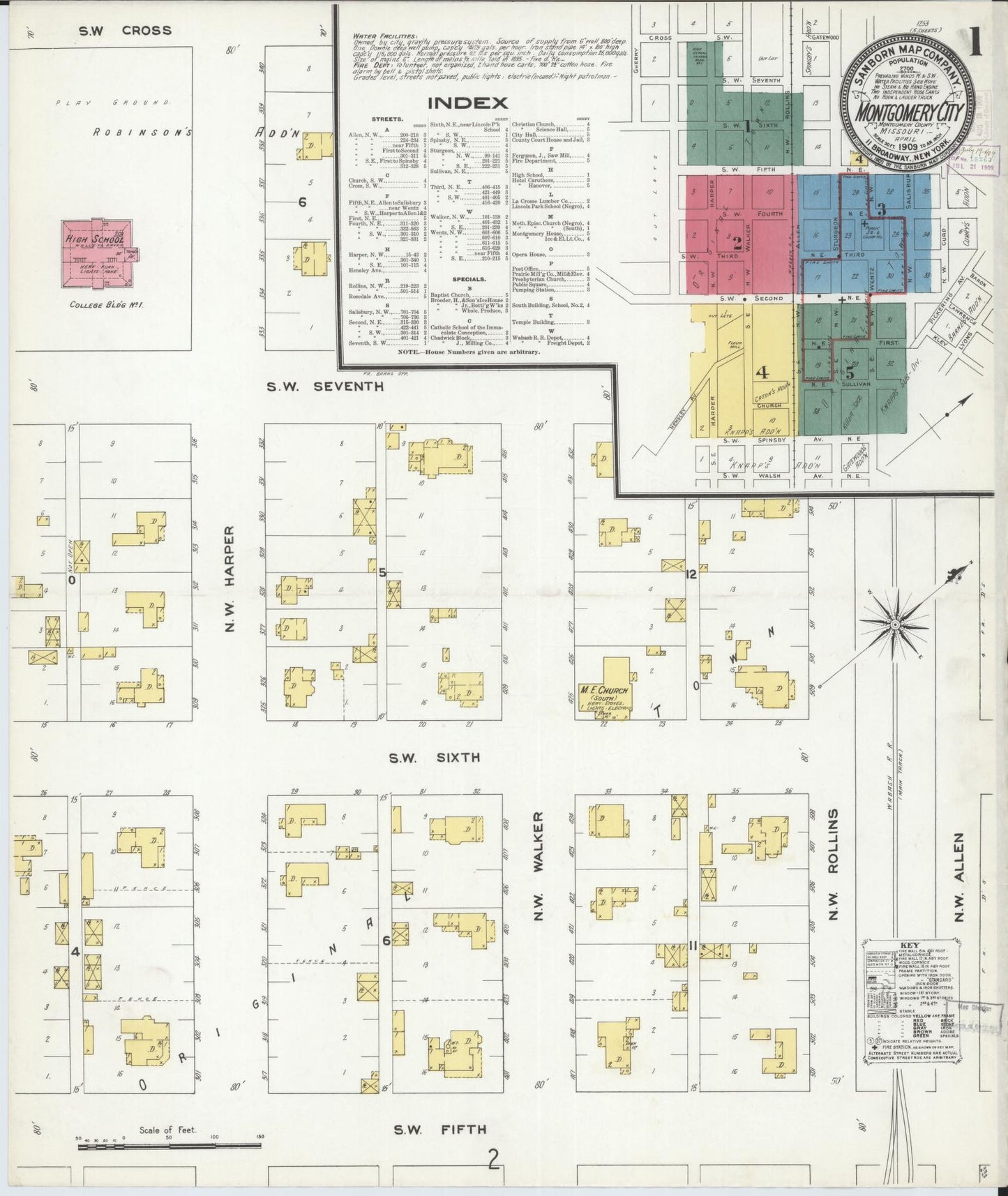 Sanborn Fire Insurance Map from Montgomery City, Montgomery County, Missouri (1909), Sheet #0001 - Historic Sanborn Fire Insurance Map Print, vintage old map wall art, antique decor, genealogy gift, Missouri Missouri map