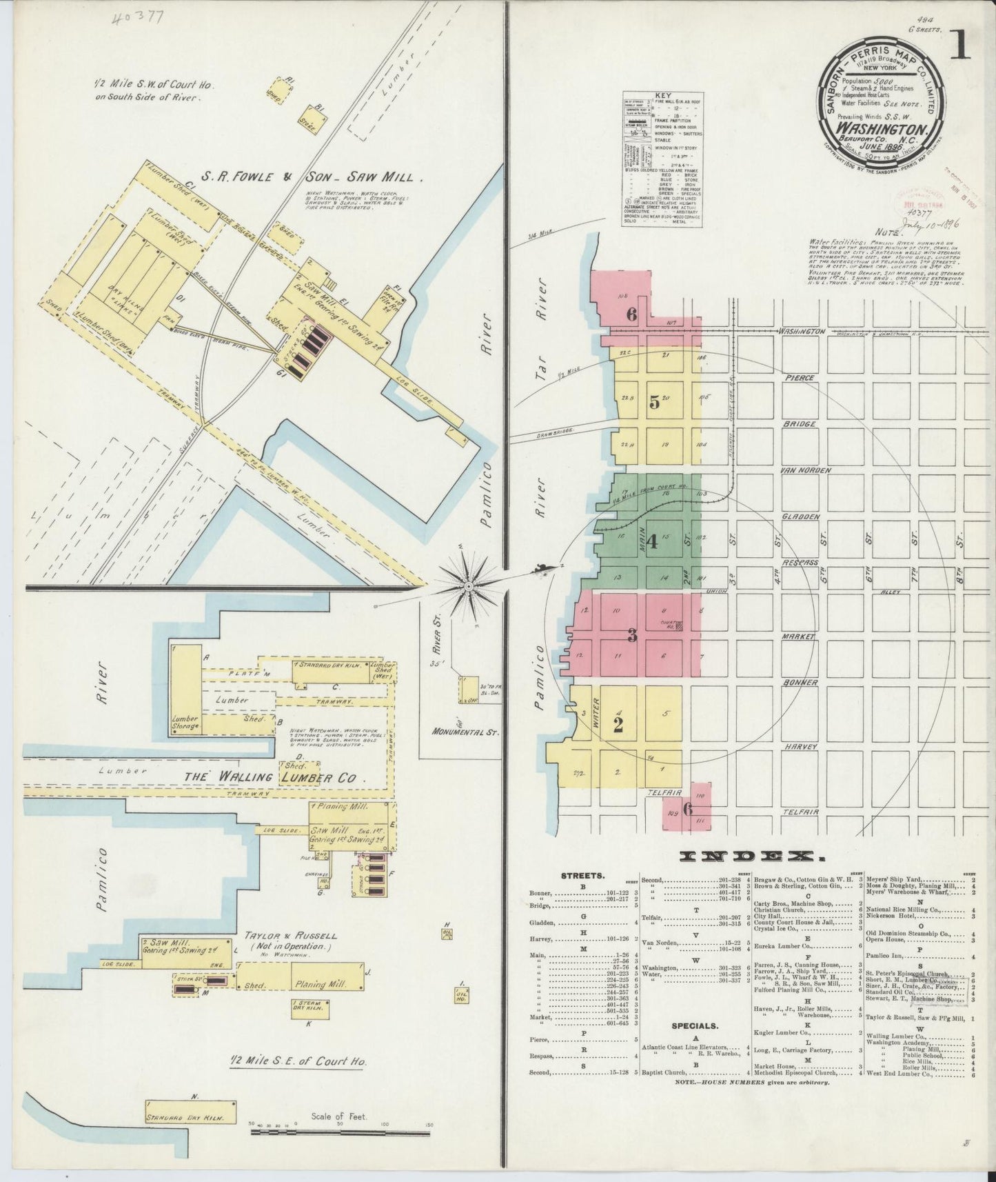 Sanborn Fire Insurance Map from Washington, Beaufort County, North Carolina (1896), Sheet #0001 - Historic Sanborn Fire Insurance Map Print, vintage old map wall art, antique decor, genealogy gift, Washington Washington map