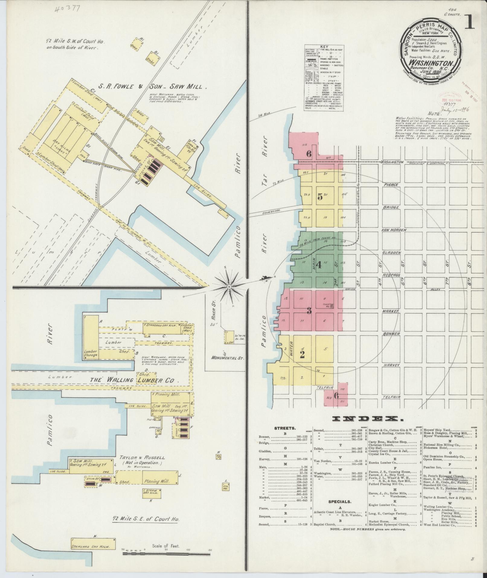 Sanborn Fire Insurance Map from Washington, Beaufort County, North Carolina (1896), Sheet #0001 - Historic Sanborn Fire Insurance Map Print, vintage old map wall art, antique decor, genealogy gift, Washington Washington map
