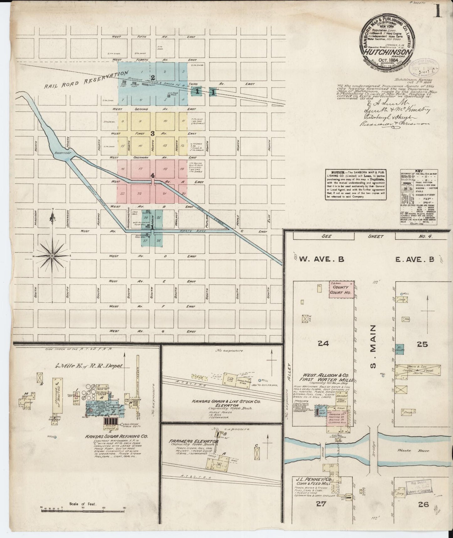 Sanborn Fire Insurance Map from Hutchinson, Reno County, Kansas (1884), Sheet #0001 - Complete Map Set gallery image, historic Sanborn map, vintage wall art, Kansas Kansas