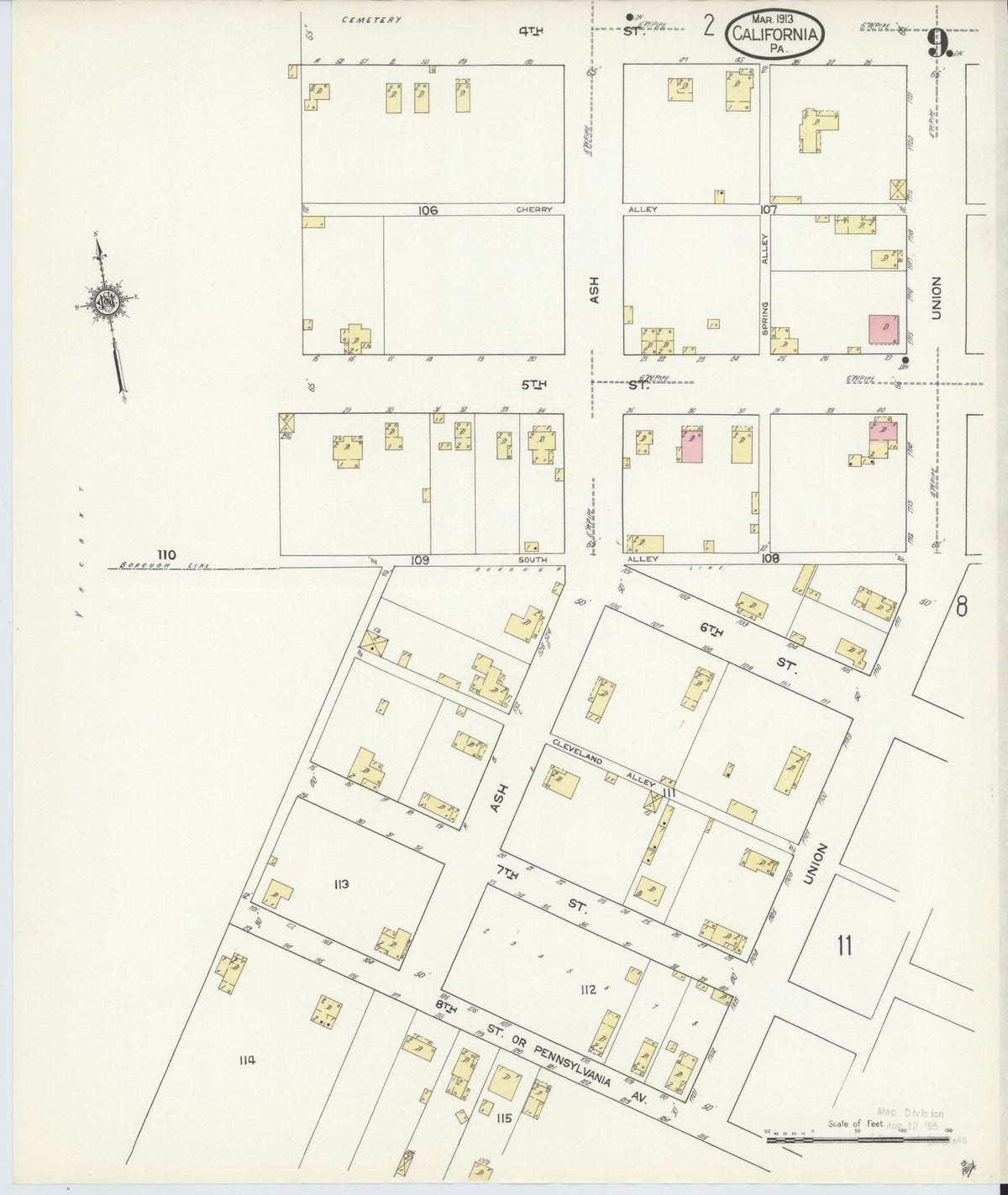 Sanborn Fire Insurance Map from California, Washington County, Pennsylvania (1913), Sheet #0009 - Complete Map Set gallery image, historic Sanborn map, vintage wall art, Pennsylvania Pennsylvania