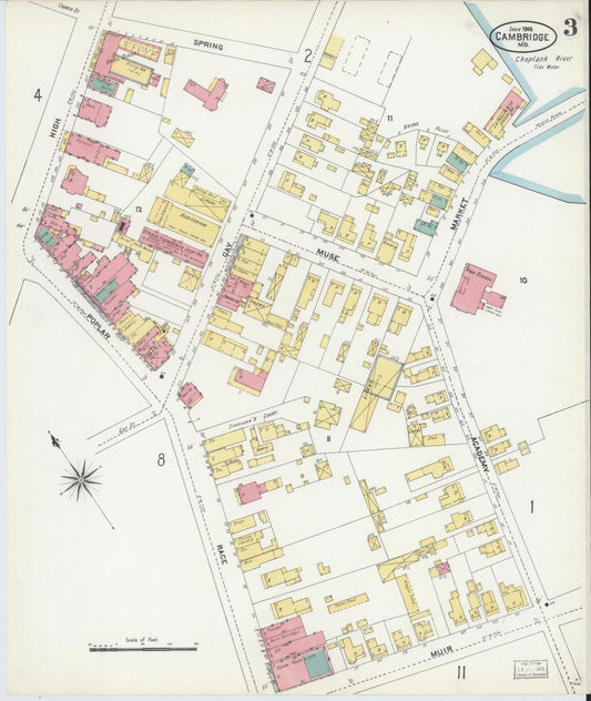 Dorchester, Maryland - 1906 - Sanborn Fire Insurance Map, Sheet #0003 - Historic Sanborn Fire Insurance Map Print, Dorchester Maryland 1906 0003 vintage old map wall art