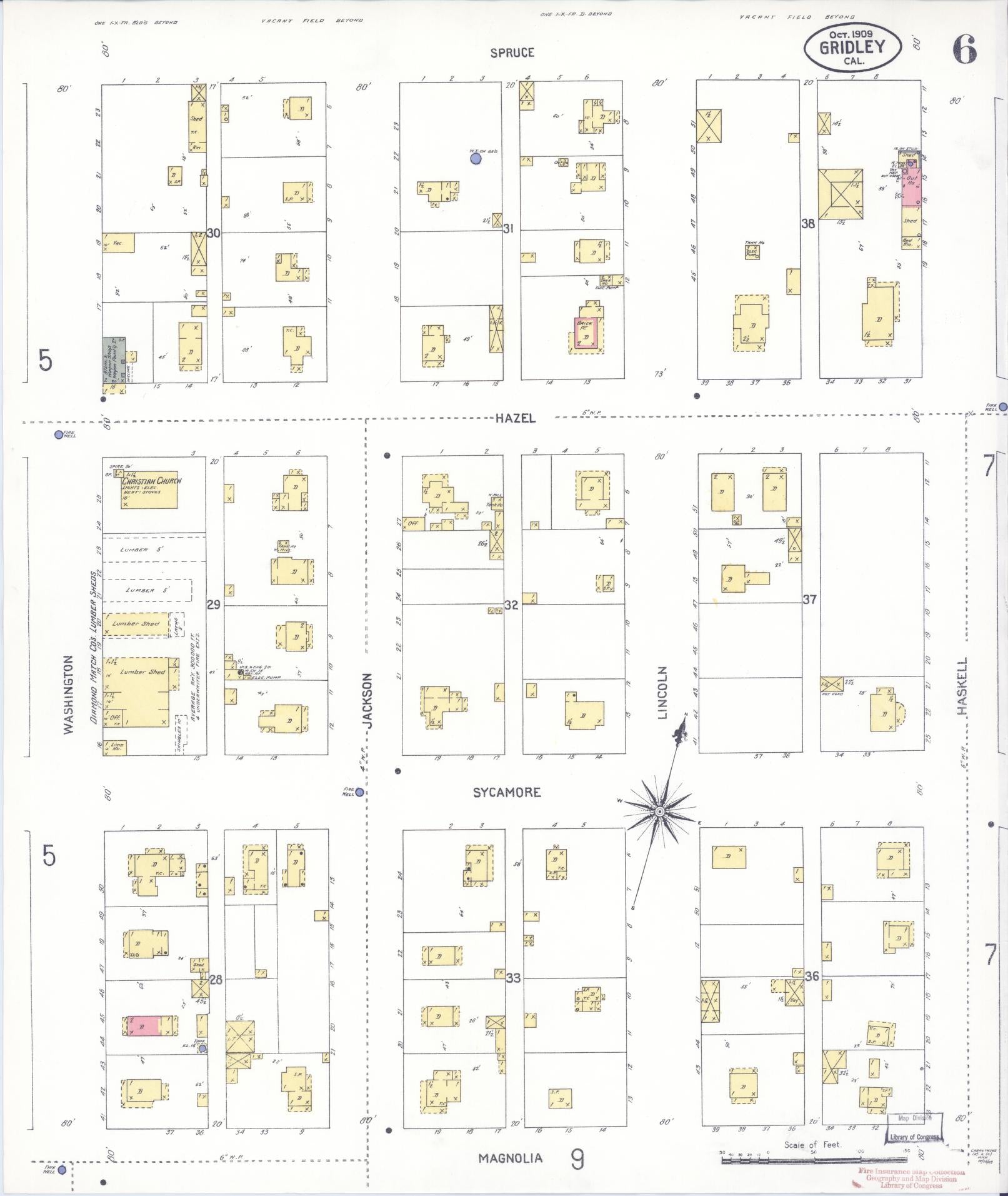 Sanborn Fire Insurance Map from Gridley, Butte County, California (1909), Sheet #0006 - Historic Sanborn Fire Insurance Map Print, vintage old map wall art, antique decor, genealogy gift, California California map
