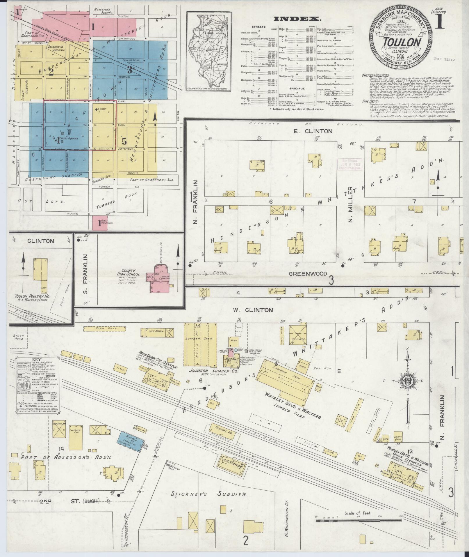 Sanborn Fire Insurance Map from Toulon, Stark County, Illinois (1913), Sheet #0001 - Complete Map Set gallery image, historic Sanborn map, vintage wall art, Illinois Illinois