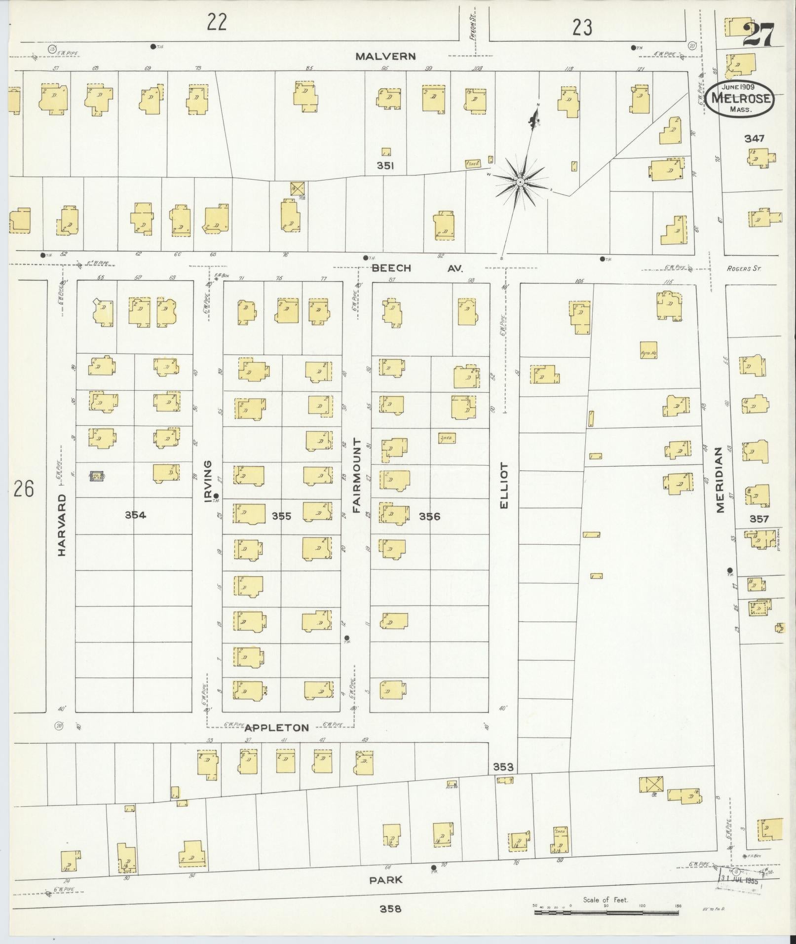 Sanborn Fire Insurance Map from Melrose, Middlesex County, Massachusetts (1909), Sheet #0027 - Complete Map Set gallery image, historic Sanborn map, vintage wall art, Massachusetts Massachusetts