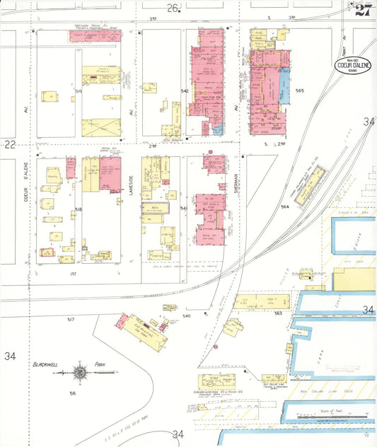 Sanborn Fire Insurance Map from Coeur D'alene, Kootenai County, Idaho (1921), Sheet #0027 - Historic Sanborn Fire Insurance Map Print, vintage old map wall art, antique decor, genealogy gift, Idaho Idaho map