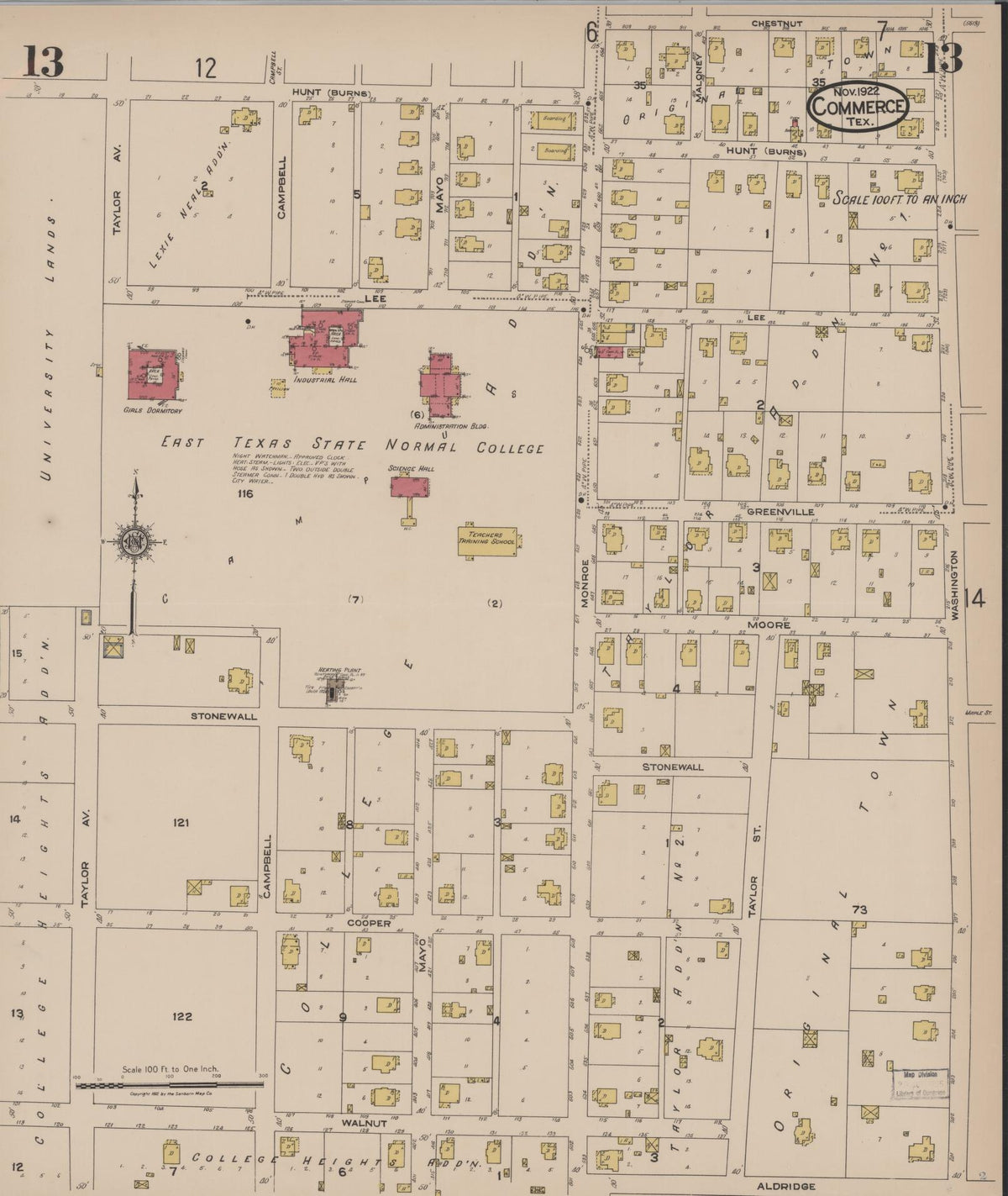 Sanborn Fire Insurance Map from Commerce, Hunt County, Texas (1922), Sheet #0013 - Complete Map Set gallery image, historic Sanborn map, vintage wall art, Texas Texas