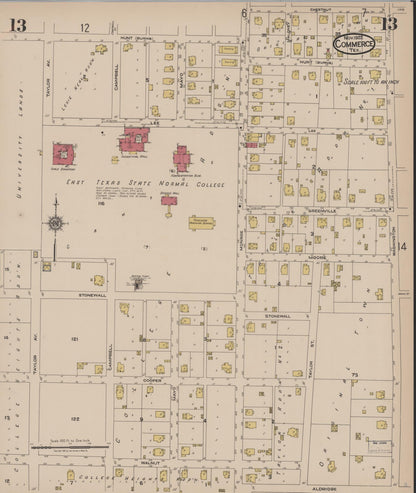 Sanborn Fire Insurance Map from Commerce, Hunt County, Texas (1922), Sheet #0013 - Complete Map Set gallery image, historic Sanborn map, vintage wall art, Texas Texas