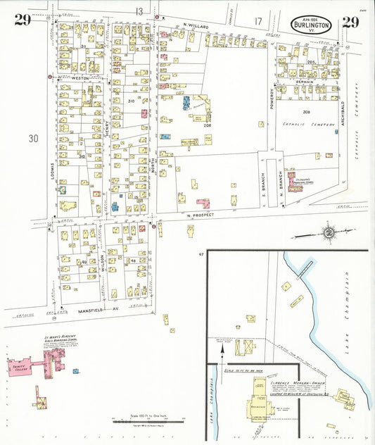 Sanborn Fire Insurance Map from Burlington, Chittenden County, Vermont (1926), Sheet #0029 - Historic Sanborn Fire Insurance Map Print, vintage old map wall art, antique decor, genealogy gift, Vermont Vermont map
