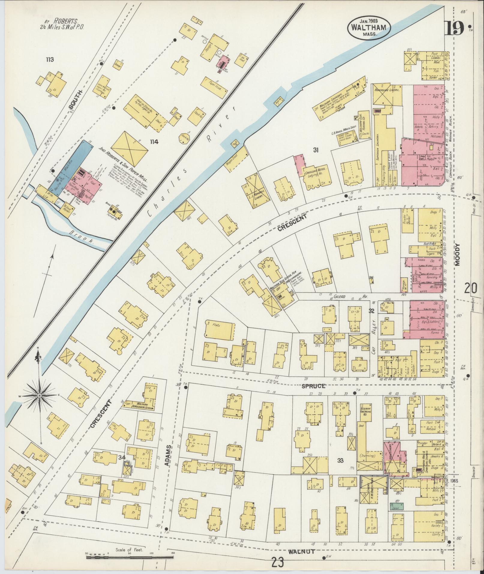 Sanborn Fire Insurance Map from Waltham, Middlesex County, Massachusetts (1903), Sheet #0019 - Historic Sanborn Fire Insurance Map Print, vintage old map wall art, antique decor, genealogy gift, Massachusetts Massachusetts map