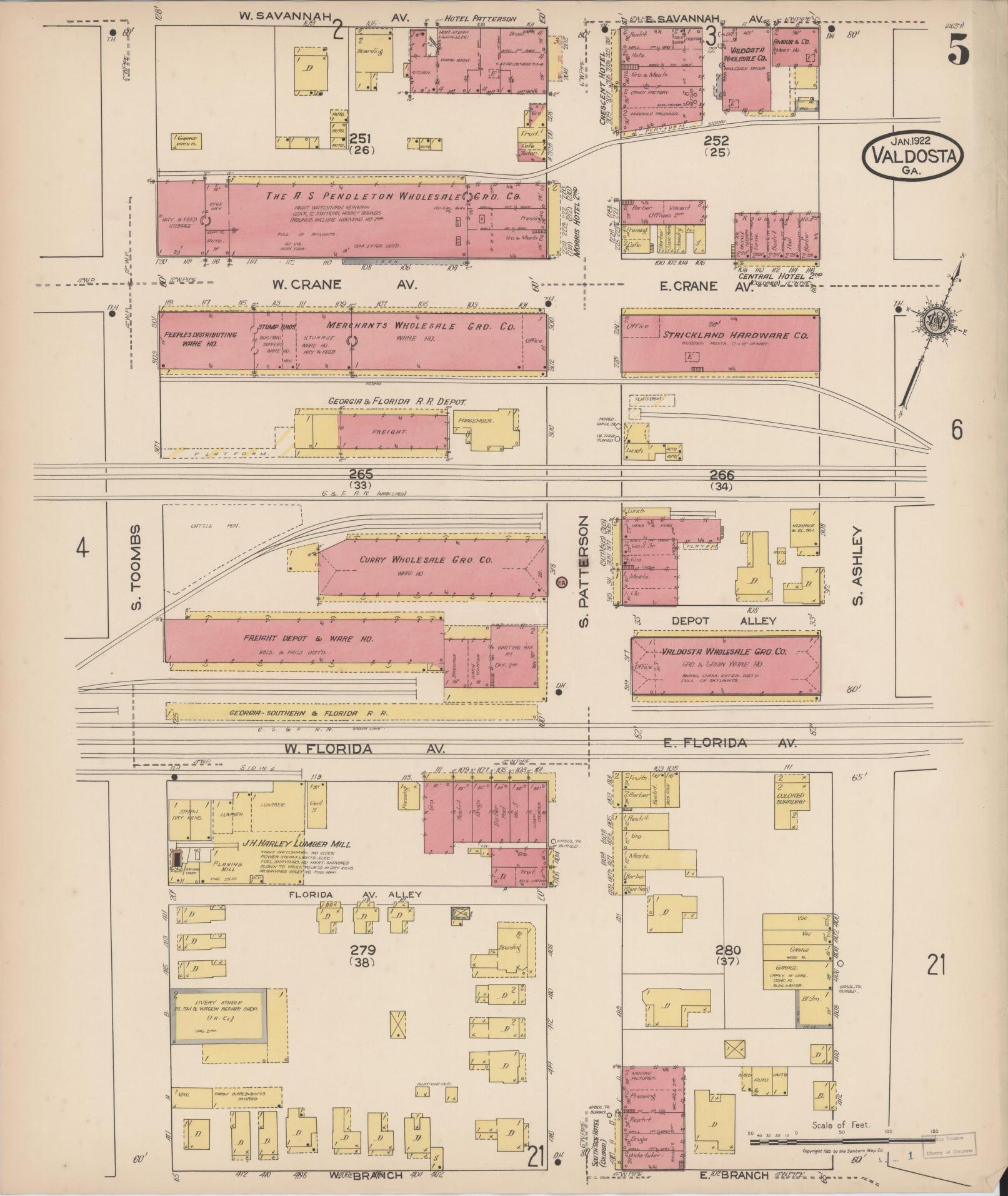 Sanborn Fire Insurance Map from Valdosta, Lowndes County, Georgia (1922), Sheet #0005 - Historic Sanborn Fire Insurance Map Print, vintage old map wall art, antique decor, genealogy gift, Georgia Georgia map