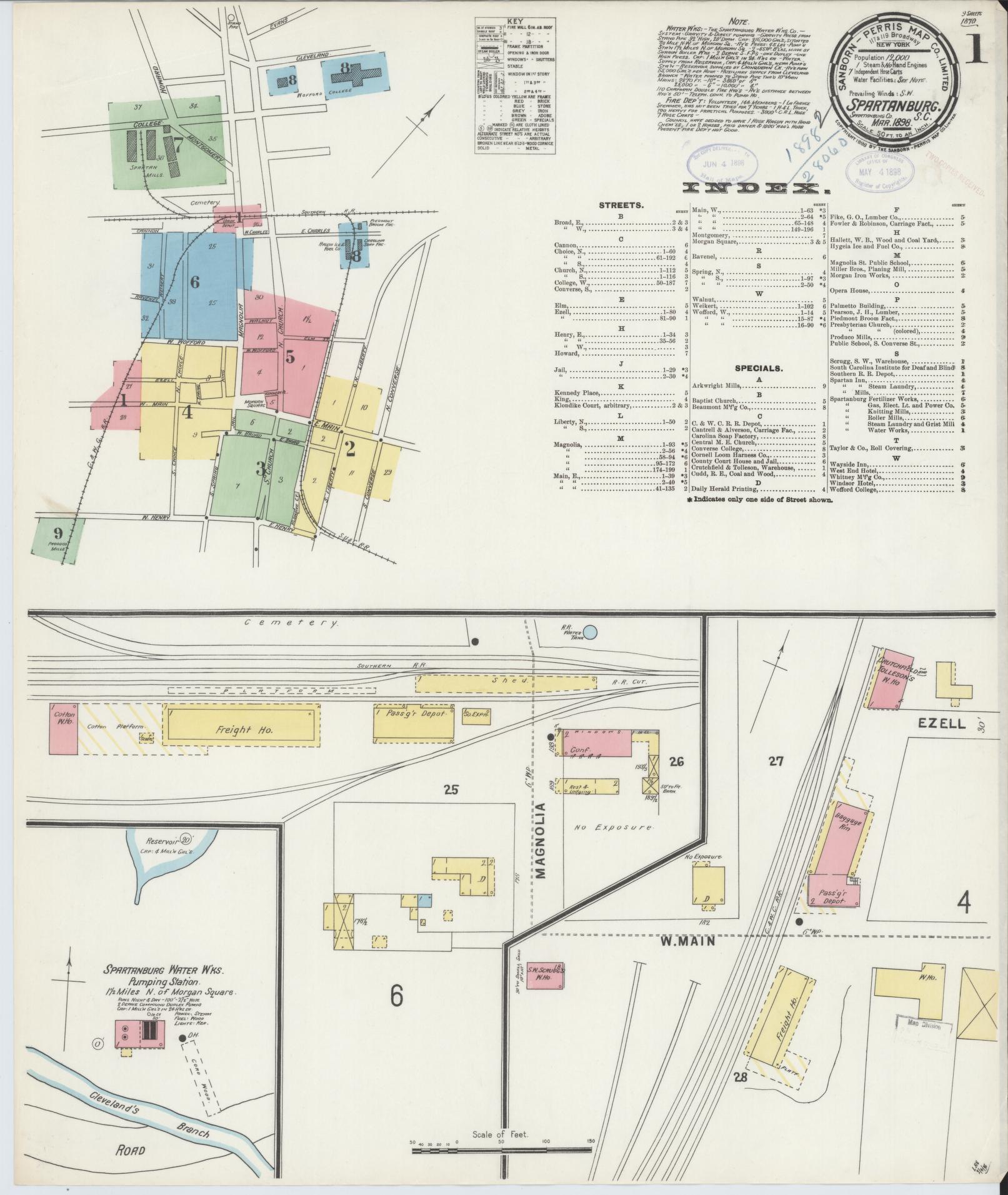 Sanborn Fire Insurance Map from Spartanburg, Spartanburg County, South Carolina (1898), Sheet #0001 - Complete Map Set gallery image, historic Sanborn map, vintage wall art, South Carolina South Carolina