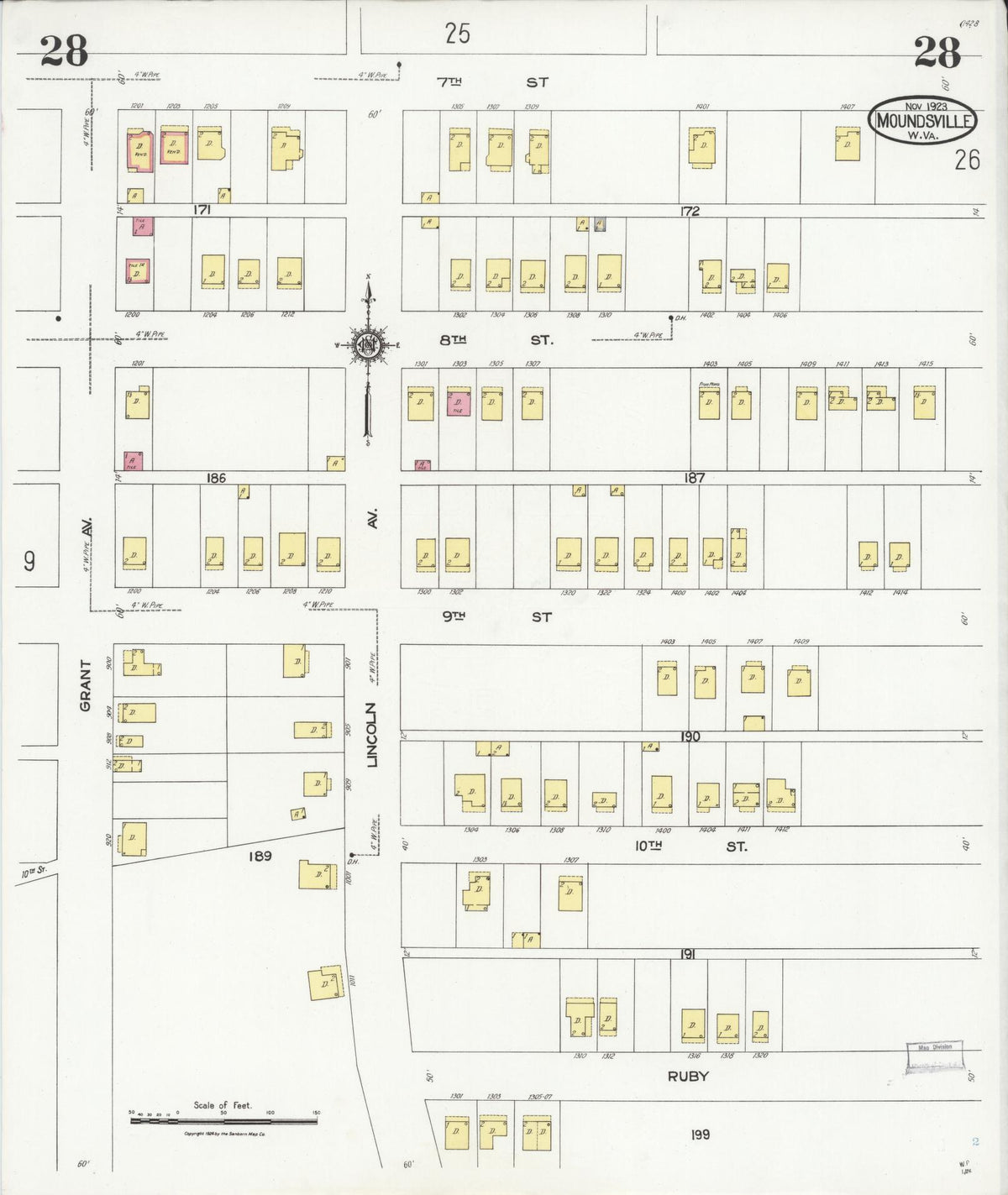 Sanborn Fire Insurance Map from Moundsville, Marshall County, West Virginia (1923), Sheet #0028 - Complete Map Set gallery image, historic Sanborn map, vintage wall art, West Virginia West Virginia