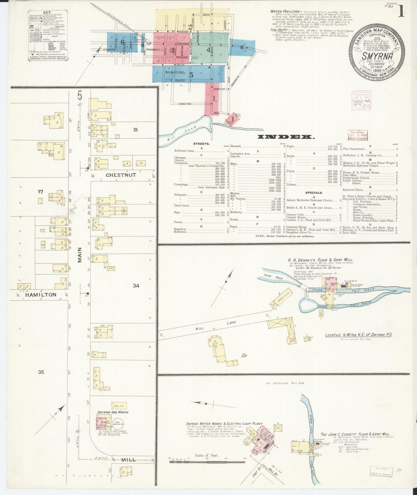 Sanborn Fire Insurance Map from Smyrna, Kent County, Delaware (1908), Sheet #0001 - Historic Sanborn Fire Insurance Map Print, vintage old map wall art, antique decor, genealogy gift, Delaware Delaware map