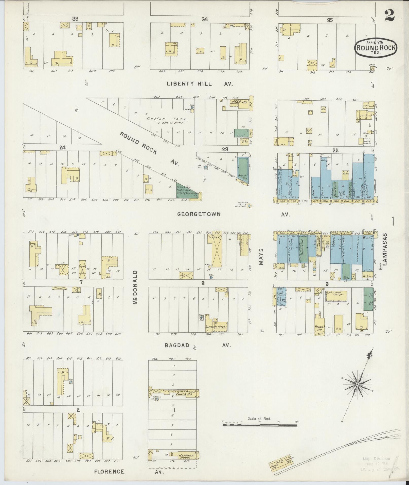 Sanborn Fire Insurance Map from Round Rock, Williamson County, Texas (1896), Sheet #0002 - Complete Map Set gallery image, historic Sanborn map, vintage wall art, Texas Texas
