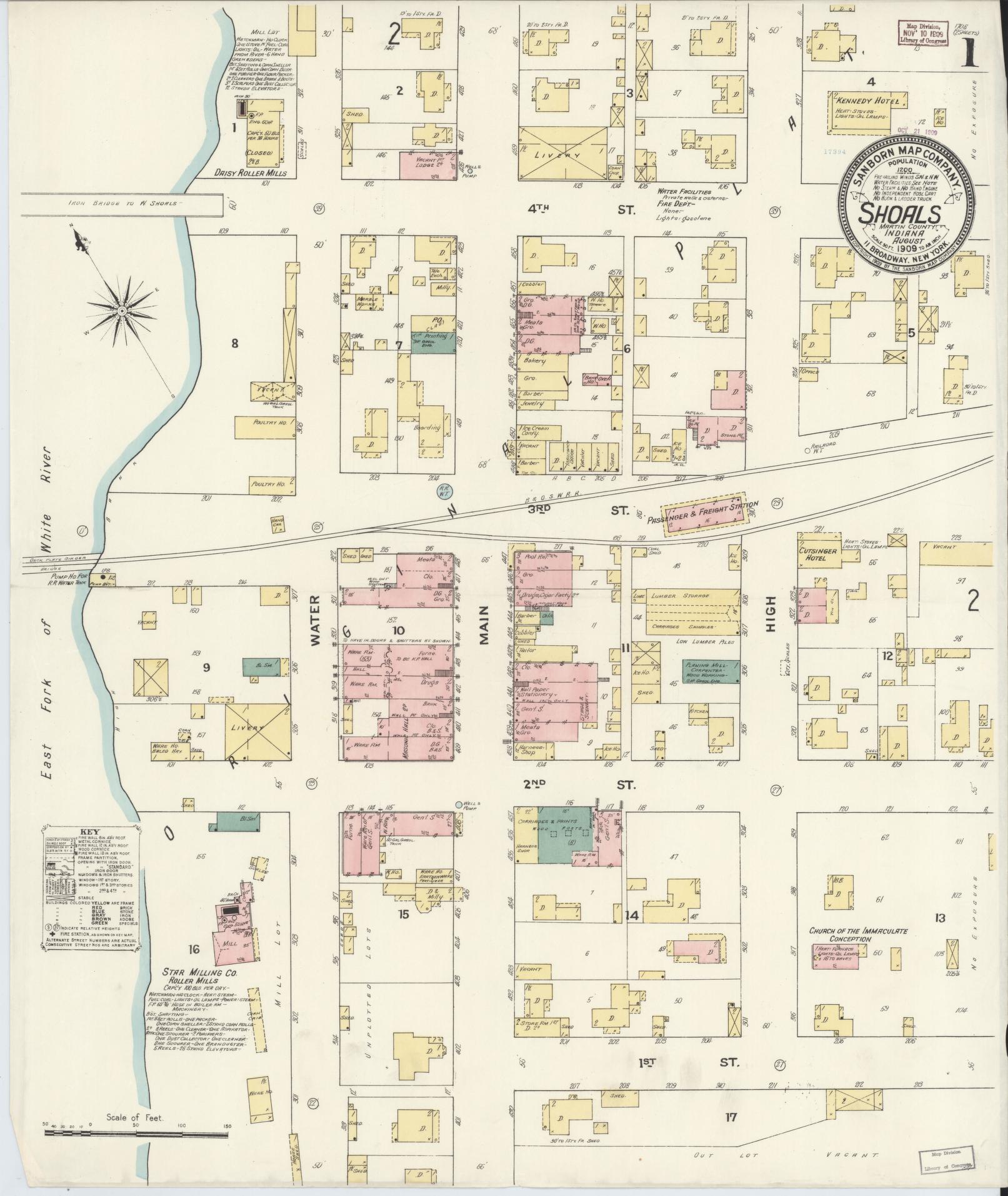 Sanborn Fire Insurance Map from Shoals, Martin County, Indiana (1909), Sheet #0001 - Complete Map Set gallery image, historic Sanborn map, vintage wall art, Indiana Indiana