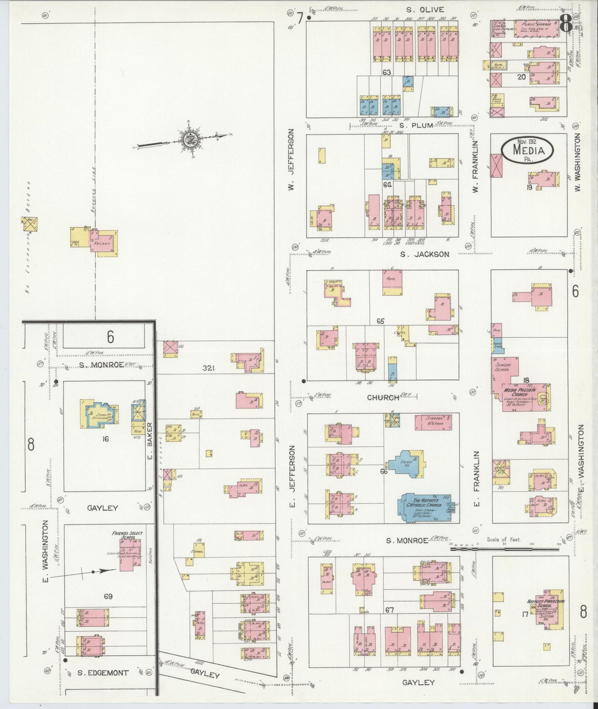 Sanborn Fire Insurance Map from Media, Delaware County, Pennsylvania (1912), Sheet #0008 - Historic Sanborn Fire Insurance Map Print, vintage old map wall art, antique decor, genealogy gift, Pennsylvania Pennsylvania map