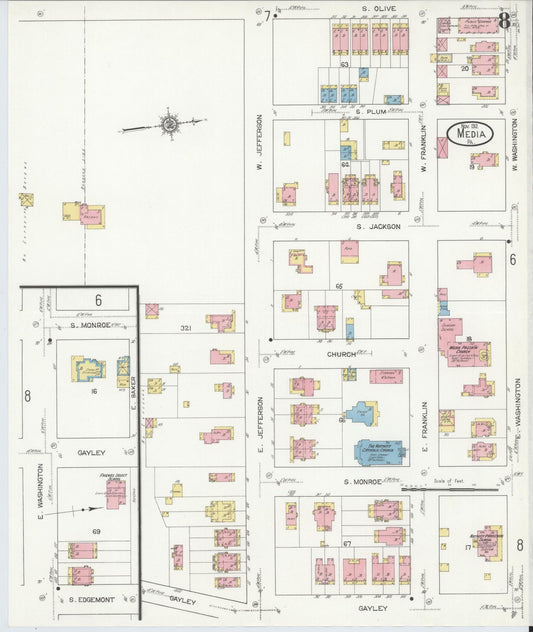 Sanborn Fire Insurance Map from Media, Delaware County, Pennsylvania (1912), Sheet #0008 - Historic Sanborn Fire Insurance Map Print, vintage old map wall art, antique decor, genealogy gift, Pennsylvania Pennsylvania map