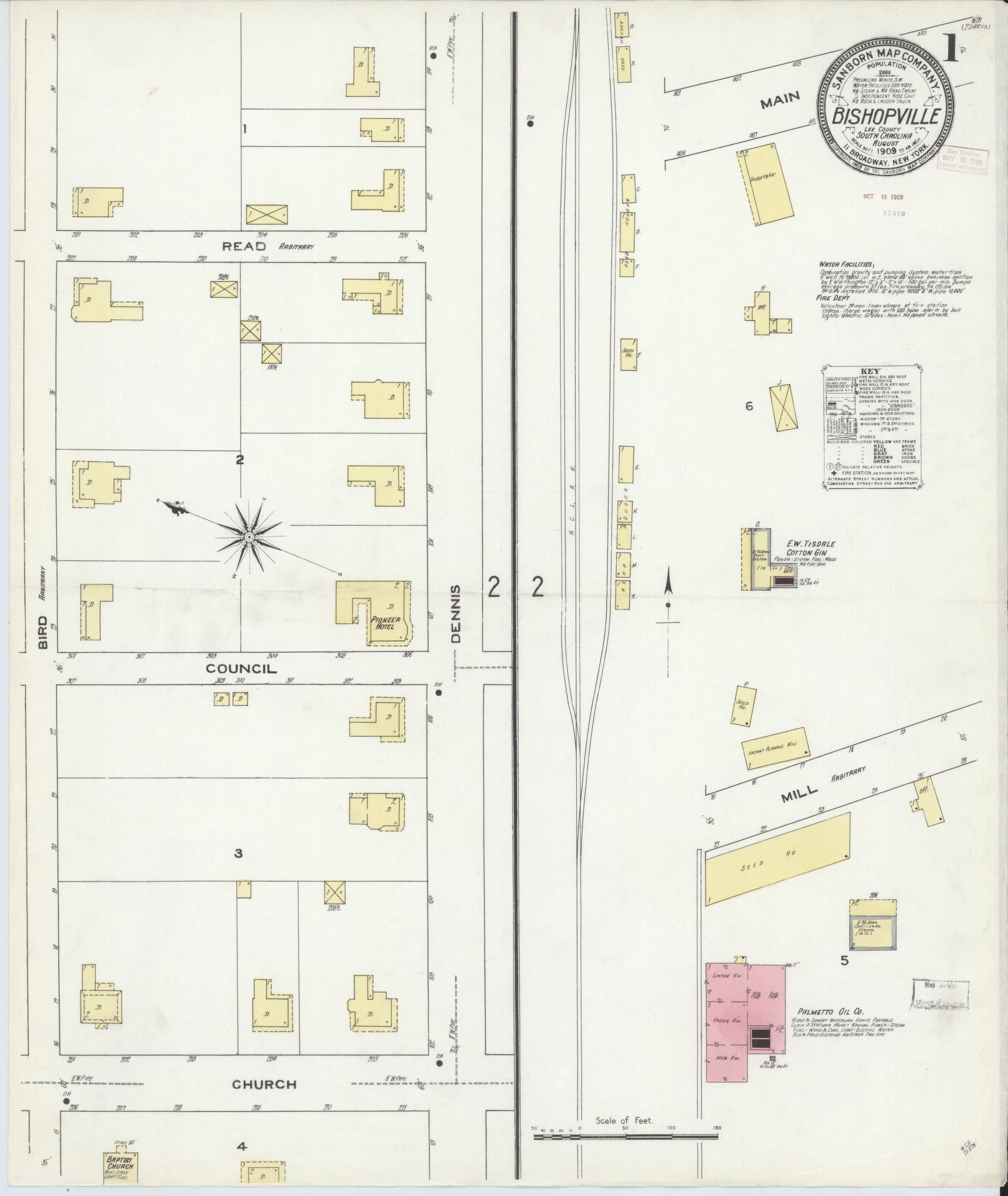 Sanborn Fire Insurance Map from Bishopville, Lee County, South Carolina (1909), Sheet #0001 - Complete Map Set gallery image, historic Sanborn map, vintage wall art, South Carolina South Carolina