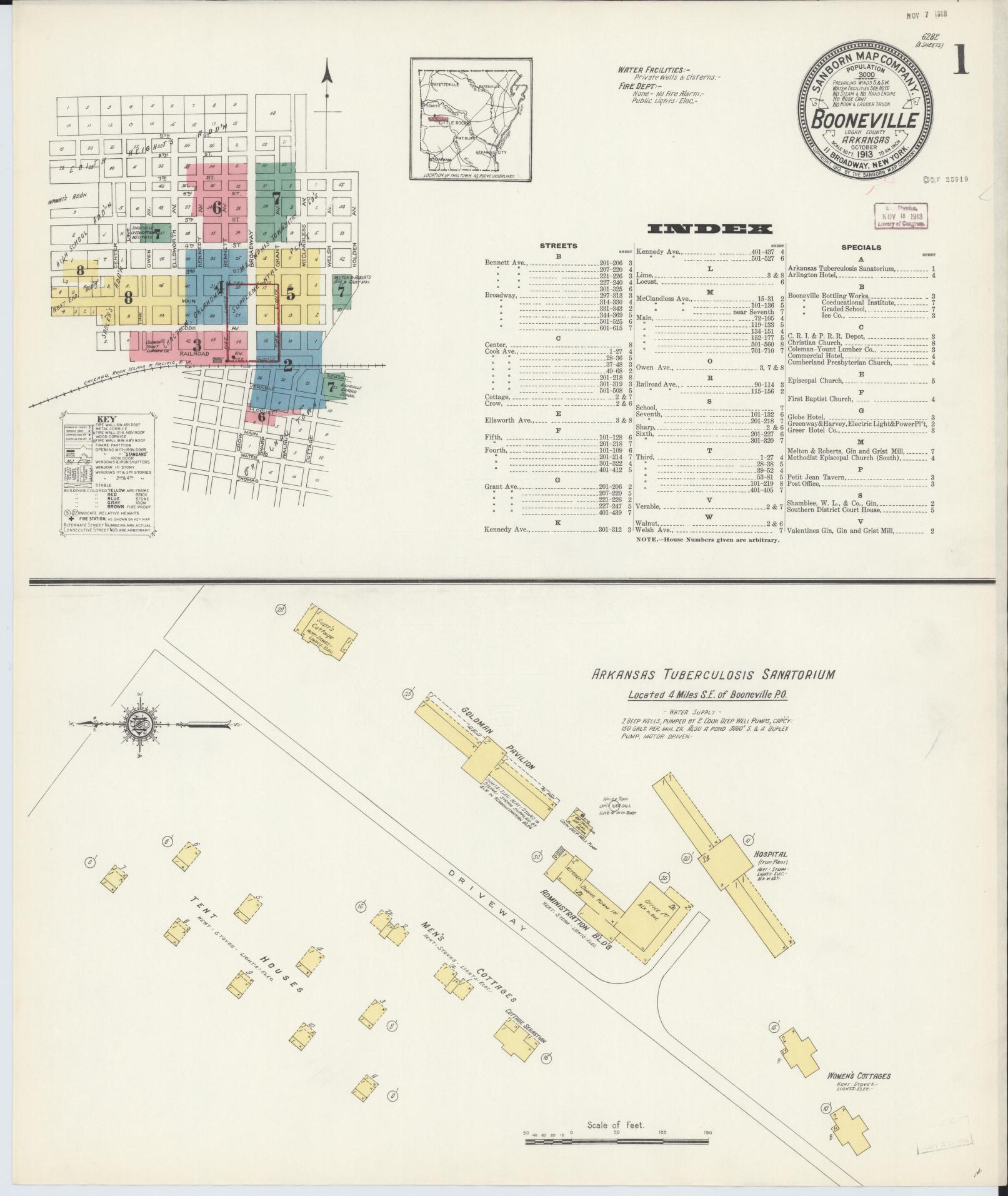 Sanborn Fire Insurance Map from Booneville, Logan County, Arkansas (1913), Sheet #0001 - Historic Sanborn Fire Insurance Map Print, vintage old map wall art, antique decor, genealogy gift, Arkansas Arkansas map