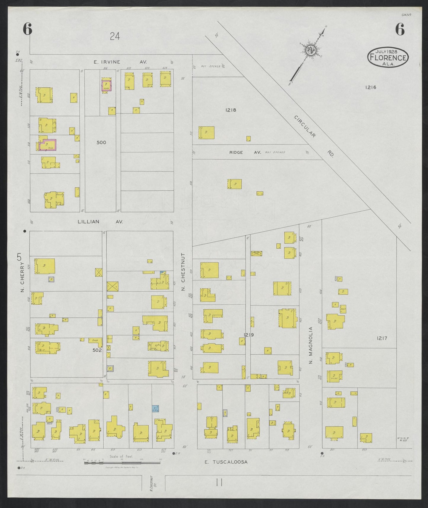 Sanborn Fire Insurance Map from Florence, Lauderdale County, Alabama (1928), Sheet #0006 - Historic Sanborn Fire Insurance Map Print, vintage old map wall art, antique decor, genealogy gift, Alabama Alabama map