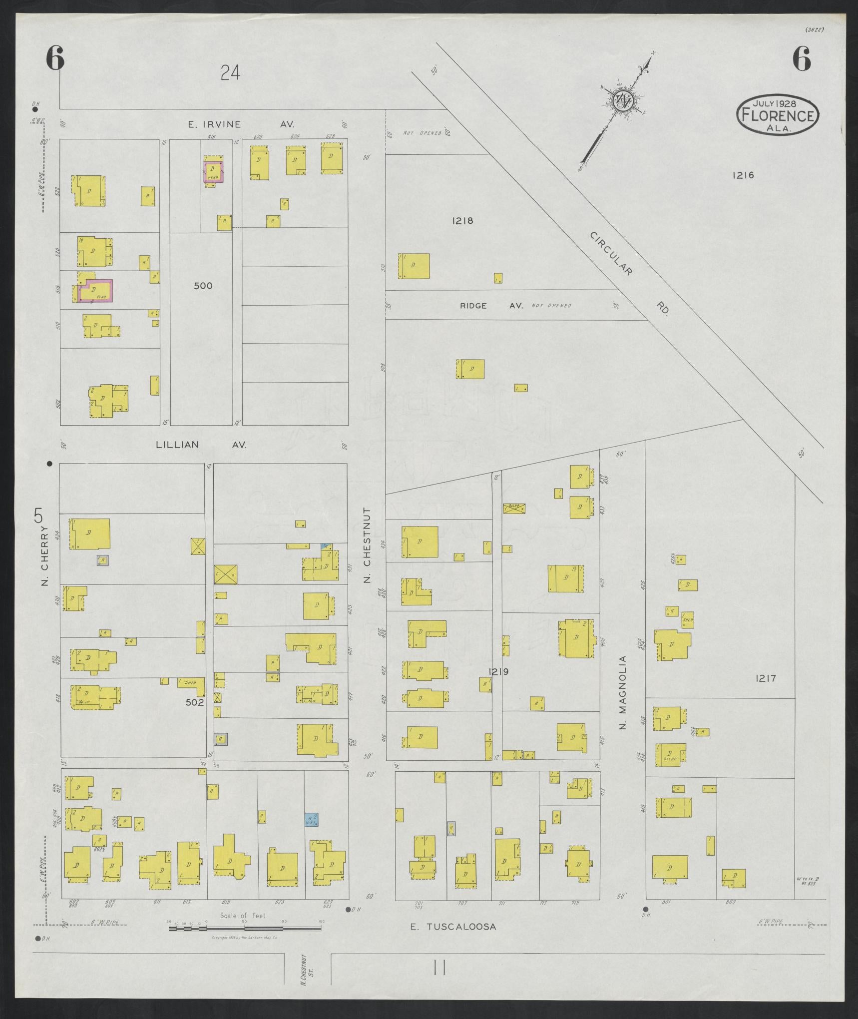 Sanborn Fire Insurance Map from Florence, Lauderdale County, Alabama (1928), Sheet #0006 - Historic Sanborn Fire Insurance Map Print, vintage old map wall art, antique decor, genealogy gift, Alabama Alabama map
