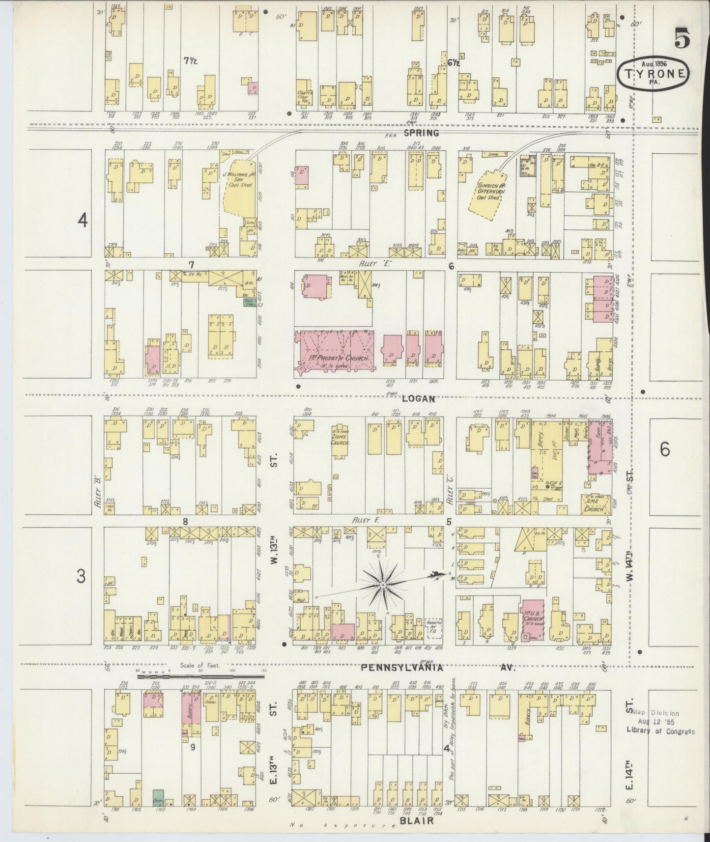 Sanborn Fire Insurance Map from Tyrone, Blair County, Pennsylvania (1896), Sheet #0005 - Historic Sanborn Fire Insurance Map Print, vintage old map wall art, antique decor, genealogy gift, Pennsylvania Pennsylvania map