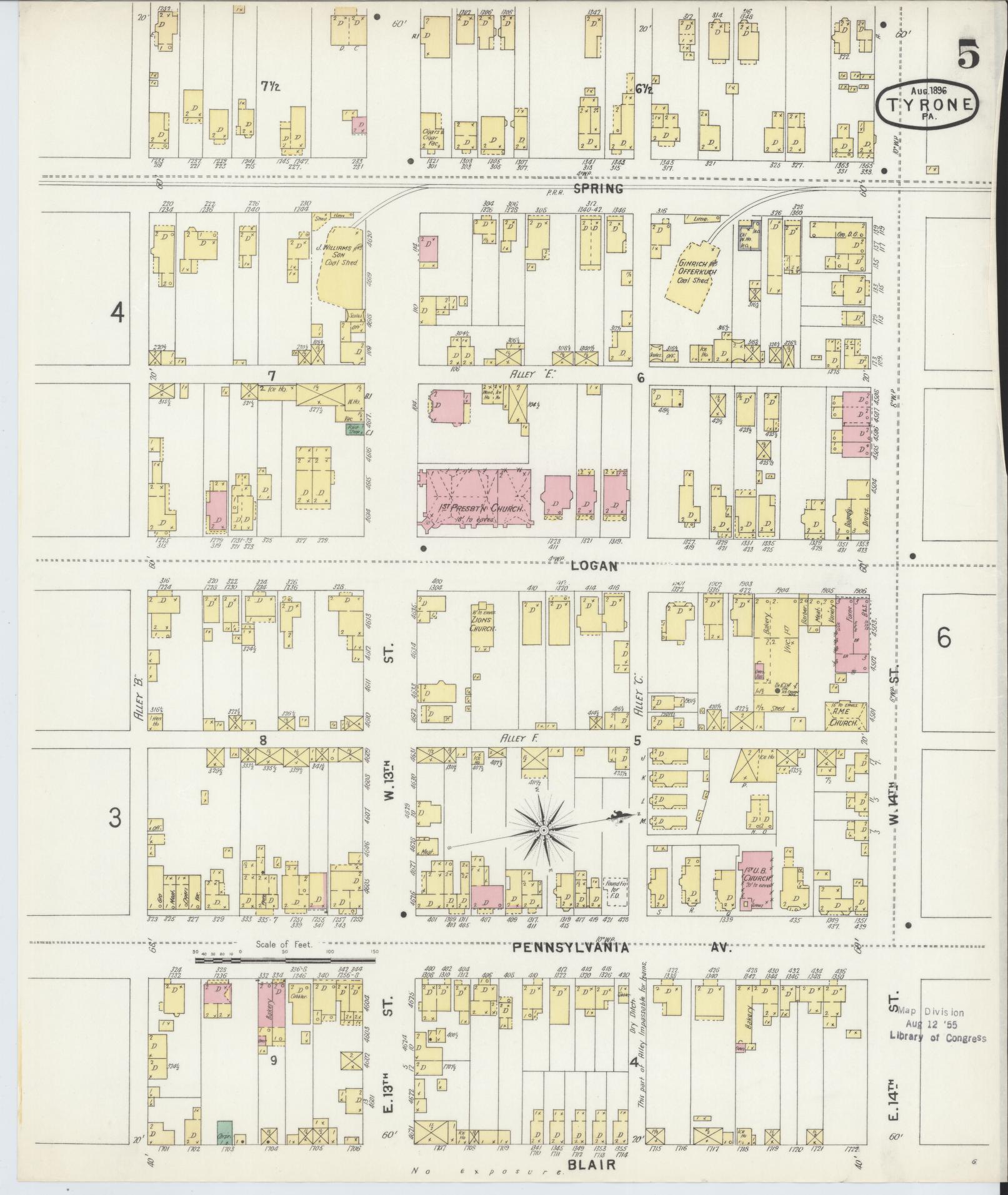 Sanborn Fire Insurance Map from Tyrone, Blair County, Pennsylvania (1896), Sheet #0005 - Historic Sanborn Fire Insurance Map Print, vintage old map wall art, antique decor, genealogy gift, Pennsylvania Pennsylvania map