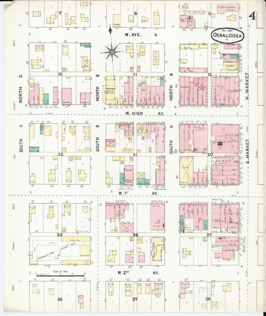 Sanborn Fire Insurance Map from Oskaloosa, Mahaska County, Iowa (1891), Sheet #0004 - Historic Sanborn Fire Insurance Map Print, vintage old map wall art