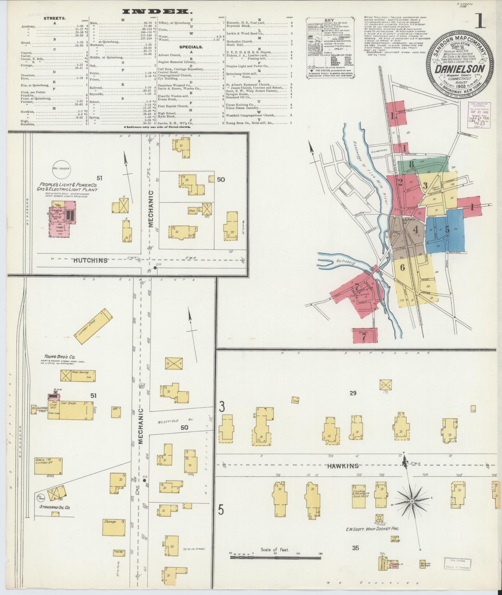 Sanborn Fire Insurance Map from Danielson, Windham County, Connecticut (1903), Sheet #0001 - Complete Map Set gallery image, historic Sanborn map, vintage wall art, Connecticut Connecticut