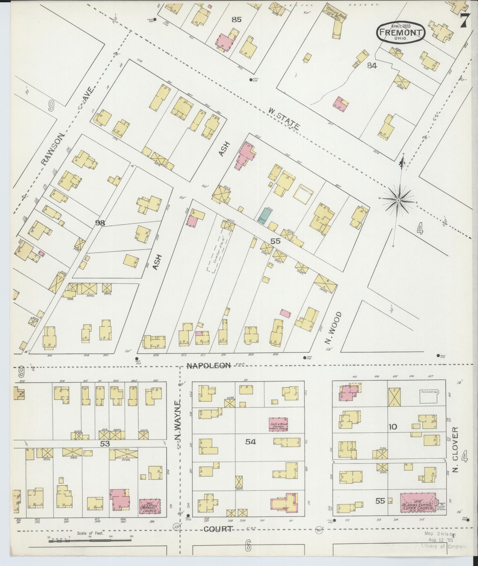 Sanborn Fire Insurance Map from Fremont, Sandusky County, Ohio (1893), Sheet #0007 - Historic Sanborn Fire Insurance Map Print, vintage old map wall art, antique decor, genealogy gift, Ohio Ohio map
