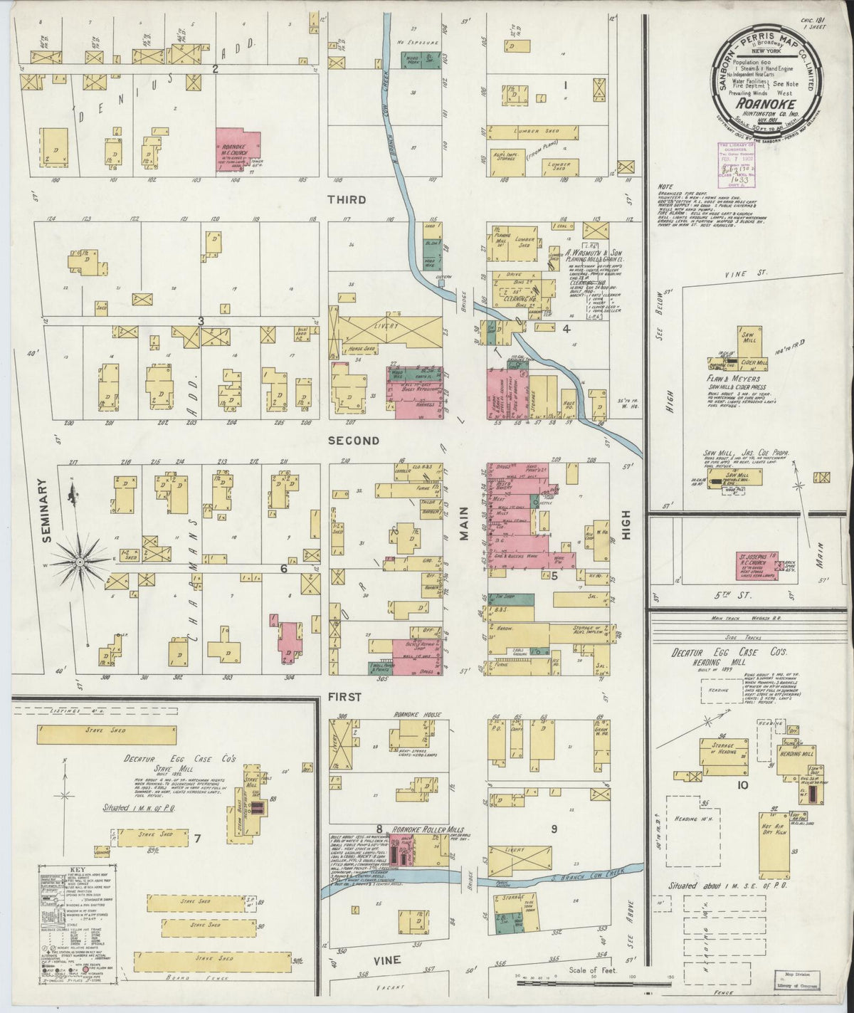 Sanborn Fire Insurance Map from Roanoke, Huntington County, Indiana (1901), Sheet #0001 - Historic Sanborn Fire Insurance Map Print, vintage old map wall art, antique decor, genealogy gift, Indiana Indiana map