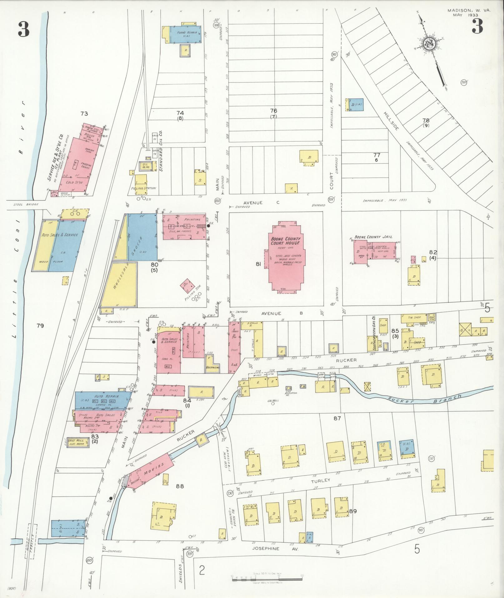 Sanborn Fire Insurance Map from Madison, Boone County, West Virginia (1933), Sheet #0003 - Historic Sanborn Fire Insurance Map Print, vintage old map wall art, antique decor, genealogy gift, West Virginia West Virginia map