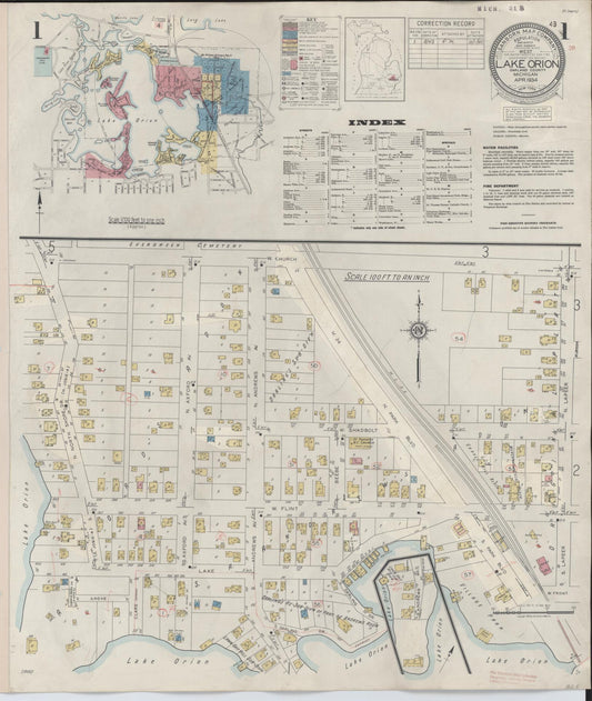 Sanborn Fire Insurance Map from Lake Orion, Oakland County, Michigan (1943), Sheet #0001 - Historic Sanborn Fire Insurance Map Print, vintage old map wall art, antique decor, genealogy gift, Michigan Michigan map