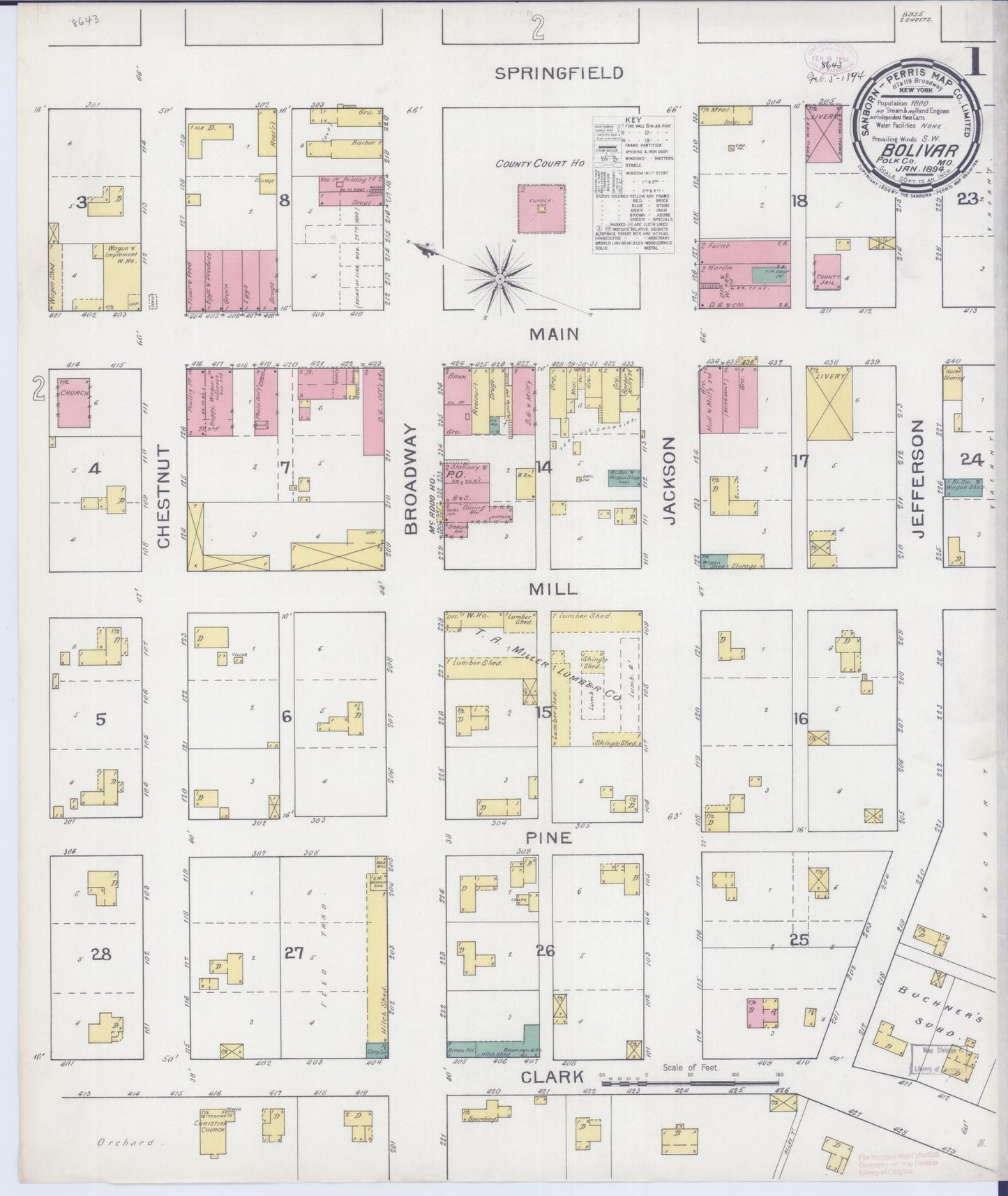 Sanborn Fire Insurance Map from Bolivar, Polk County, Missouri (1894), Sheet #0001 - Historic Sanborn Fire Insurance Map Print, vintage old map wall art, antique decor, genealogy gift, Missouri Missouri map