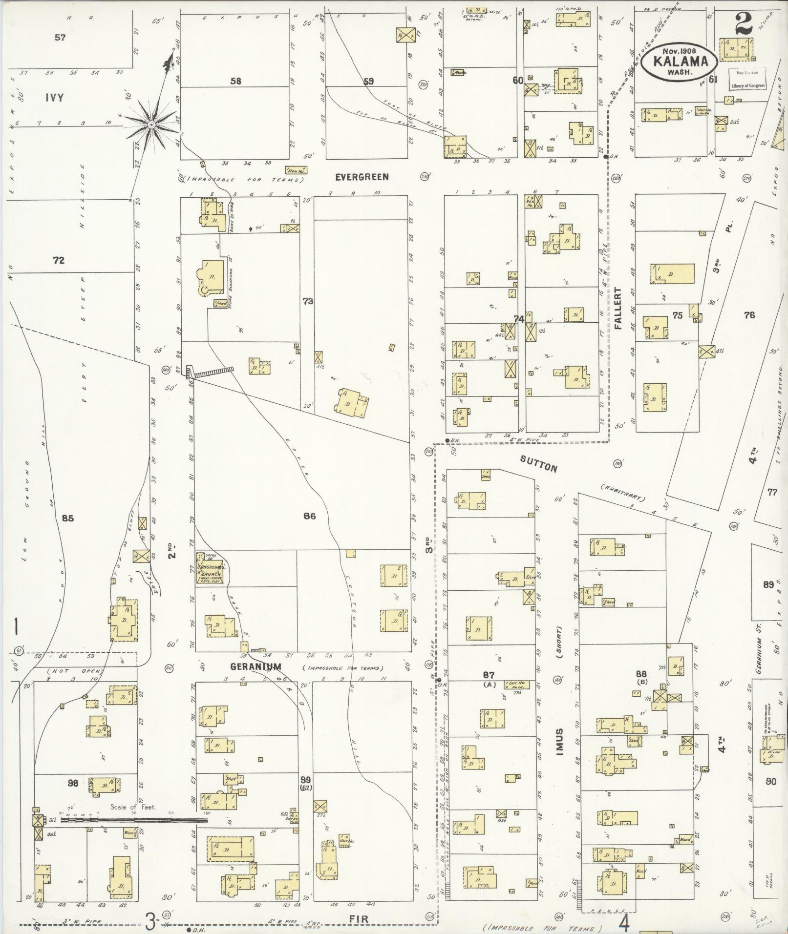Sanborn Fire Insurance Map from Kalama, Cowlitz County, Washington (1908), Sheet #0002 - Historic Sanborn Fire Insurance Map Print, vintage old map wall art, antique decor, genealogy gift, Washington Washington map