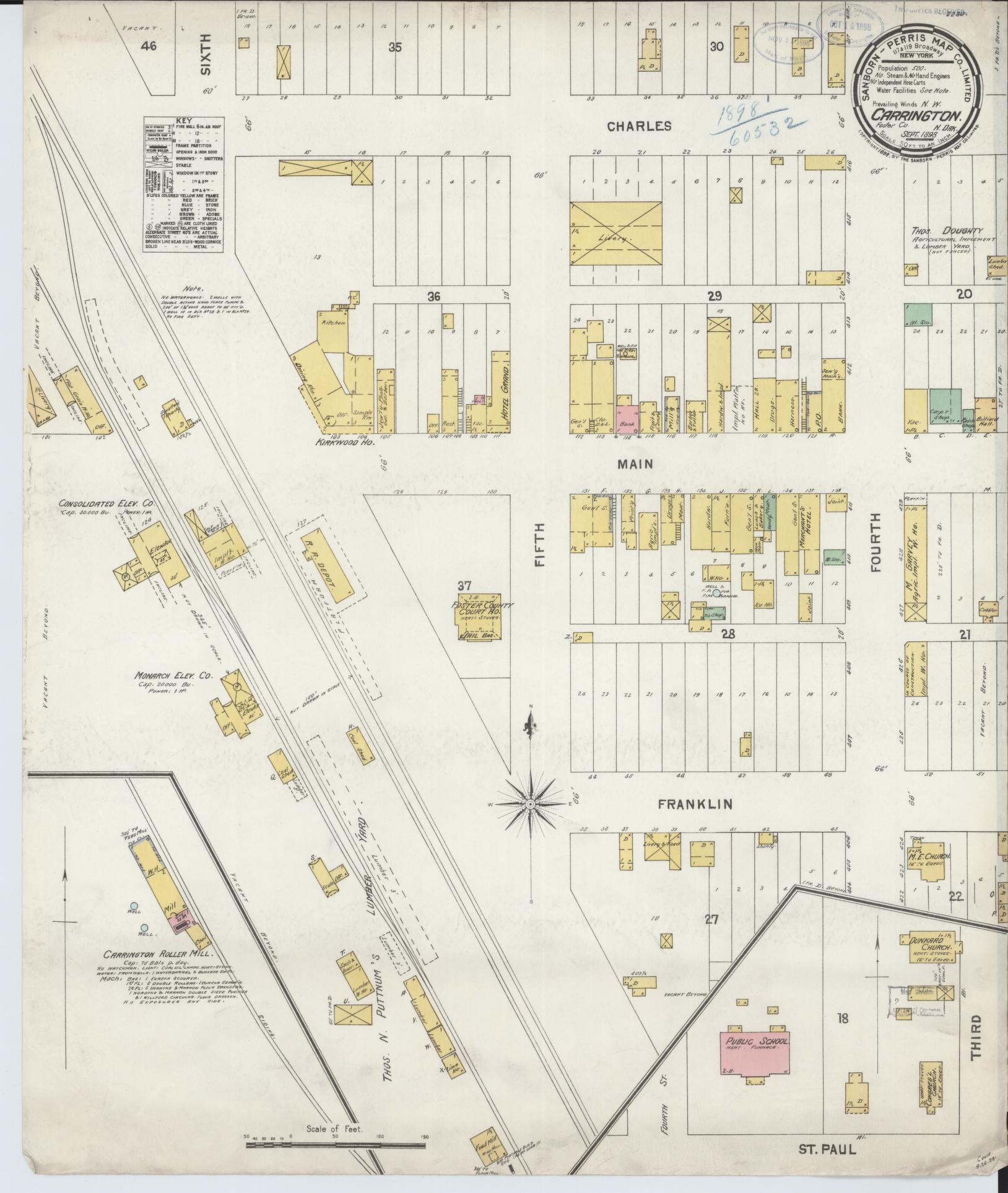 Sanborn Fire Insurance Map from Carrington, Foster County, North Dakota (1898), Sheet #0001 - Historic Sanborn Fire Insurance Map Print, vintage old map wall art, antique decor, genealogy gift, North Dakota North Dakota map