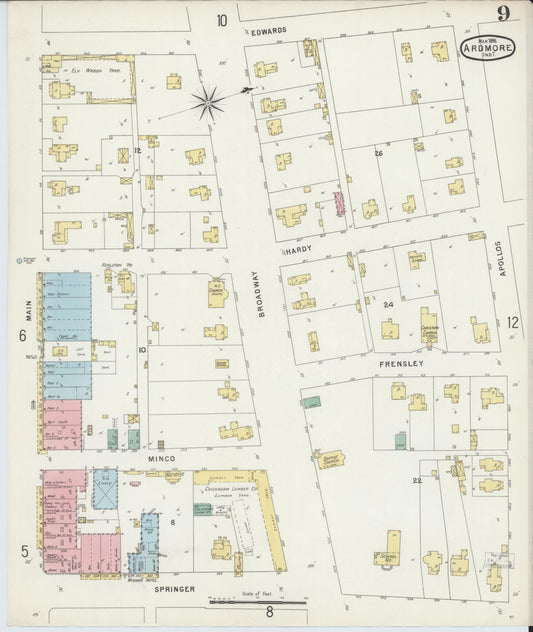 Sanborn Fire Insurance Map from Ardmore, Carter County, Oklahoma (1896), Sheet #0009 - Historic Sanborn Fire Insurance Map Print, vintage old map wall art, antique decor, genealogy gift, Oklahoma Oklahoma map