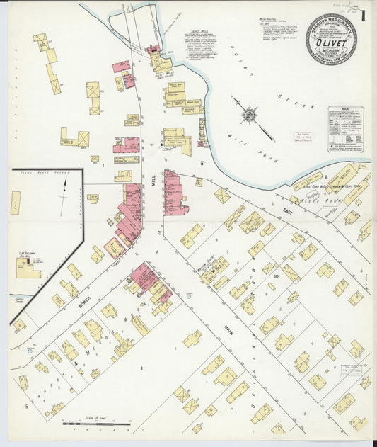 Sanborn Fire Insurance Map from Olivet, Eaton County, Michigan (1911), Sheet #0001 - Historic Sanborn Fire Insurance Map Print, vintage old map wall art, antique decor, genealogy gift, Michigan Michigan map